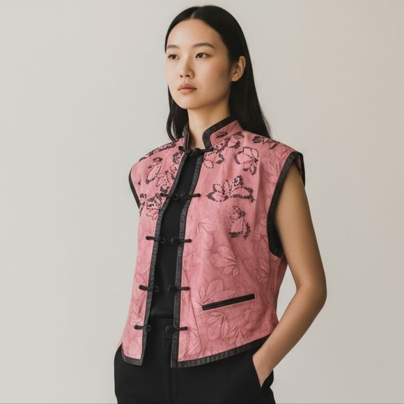 Vintage Jackets & Blazers - Vintage Dusty Rose Beaded Suede Leather Vest With Oriental Style Buttons